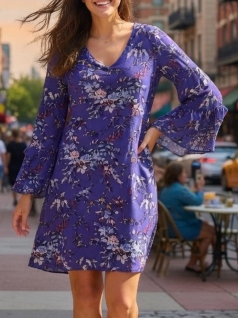 LOFT Bold Purple Floral Long Sleeve Dress – Lightweight & Stylish ✨💜